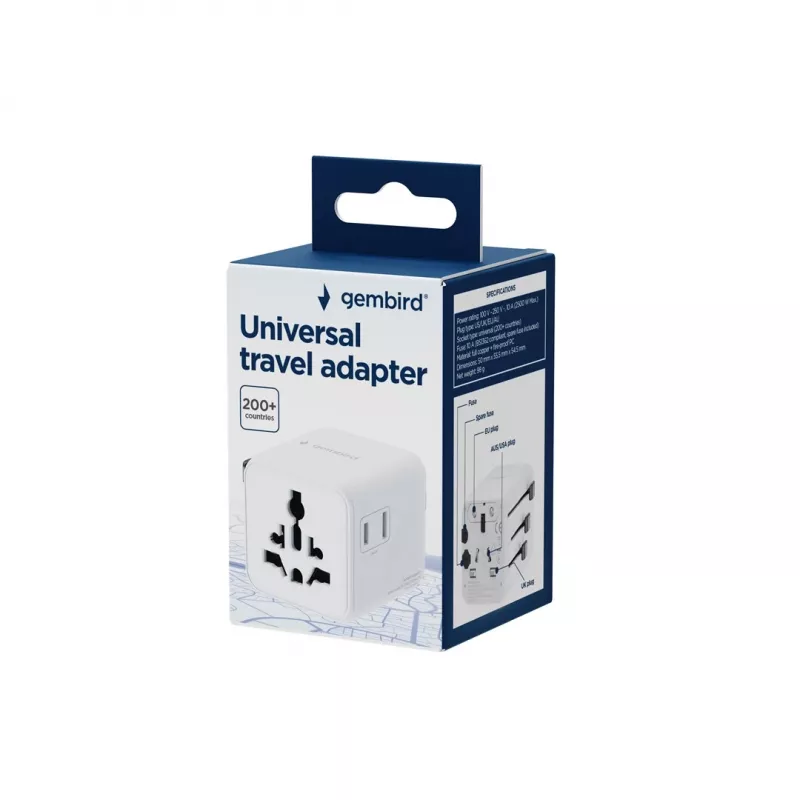 Universalus kelioninis maitinimo adapteris GEMBIRD TPA-INT-01-W — įvestis 100–250V, Type G kištukas, kompaktiški matmenys 84×56×85 mm