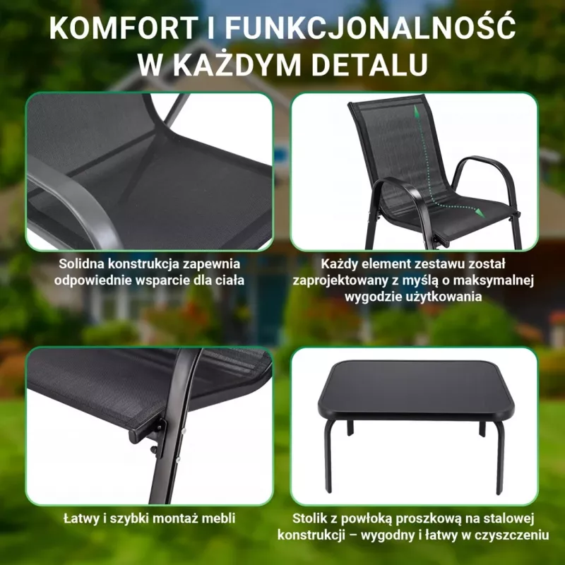 Extralink Juoda Forest sodo baldų komplektas, tekstileno dvi kėdės + juodas stalas lauko baldų komplektas