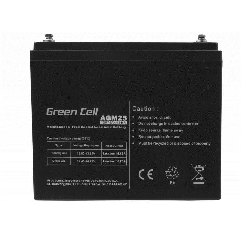 Hermetiška AGM akumuliatoriaus baterija UPS Green Cell AGM25 12 V 75 Ah, VRLA, 75Ah, 12V, 21.3 kg