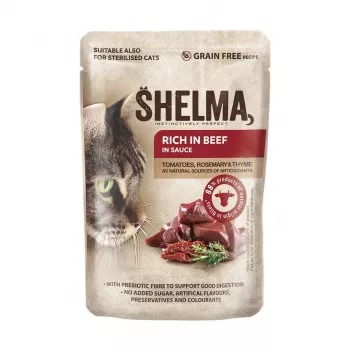 Šlapias kačių ėdalas SHELMA pakelis 4×85 g — pilnavertis suaugusių kačių pašaras su lašiša, menke, jautiena, vištiena