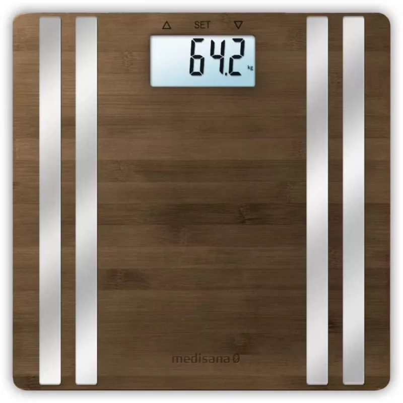 Elektroninės asmeninės svarstyklės Medisana BS 552 — sidabrinė, bambukiniu paviršiumi, maks. 180 kg, 100 g tikslumas, Bluetooth, KMI, kūno sudėtis