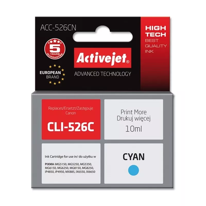 Activejet ACC-526CN rašalas (pakaitalas Canon CLI-526C; Supreme; 10 ml; žydras)