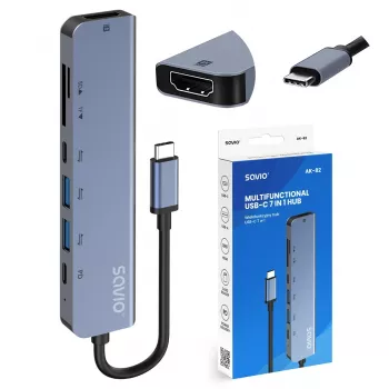 USB Type-C šakotuvas SAVIO AK-82 su HDMI, MicroSD, USB 3.2 Gen1, PD pralaidumu, 4K@30Hz, 5000 Mbit/s, juodas