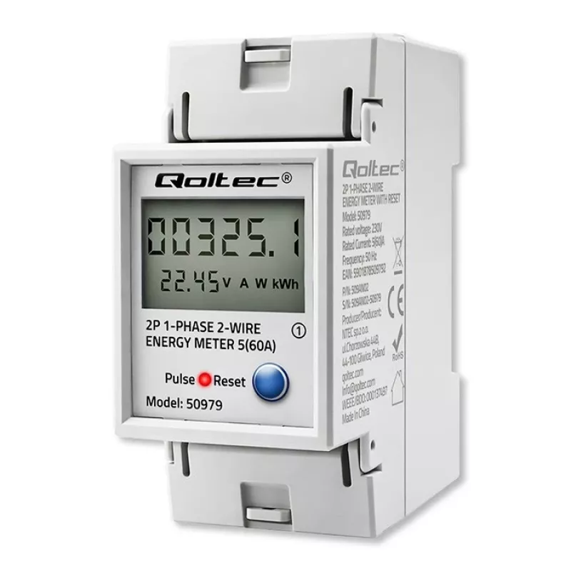 Energijos skaitiklis QOLTEC Vienfazis DIN bėgiui 230V (MPN 50979)