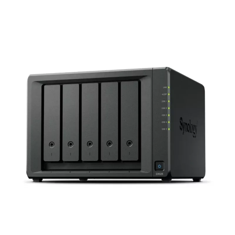 Diskų masyvas Synology DX525, stalinis išplėtimo įrenginys, 5 lizdai, skirtas 3,5 inch HDD/SSD, SATA, karštojo keitimo, juodas