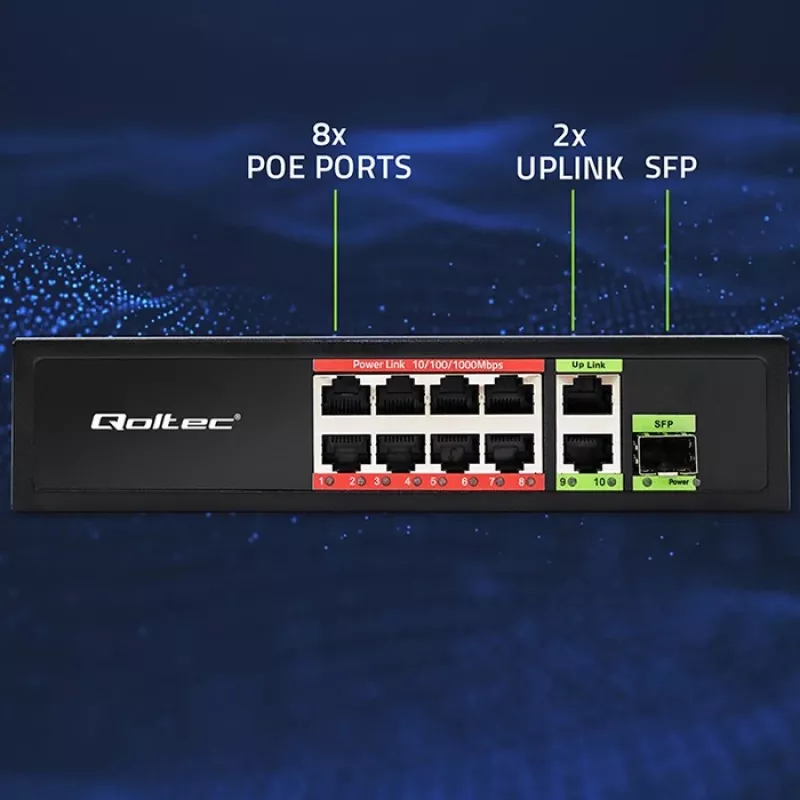 Ethernet komutatorius QOLTEC 52297 PoE RJ45 su PoE aukštyniniu ir SFP prievadu