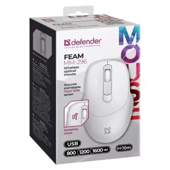 Belaidė pelė DEFENDER 52297 Silent Click — abiem rankoms tinkama, 2,4 GHz nano USB, 1600 DPI, balta