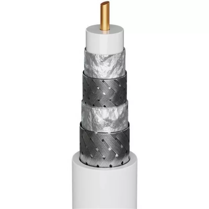 Goobay SAT antenos kabelis (135 dB tipo), 4x ekranuotas, 5 m, baltas – paauksuotas, F kištukas > F kištukas (70644)