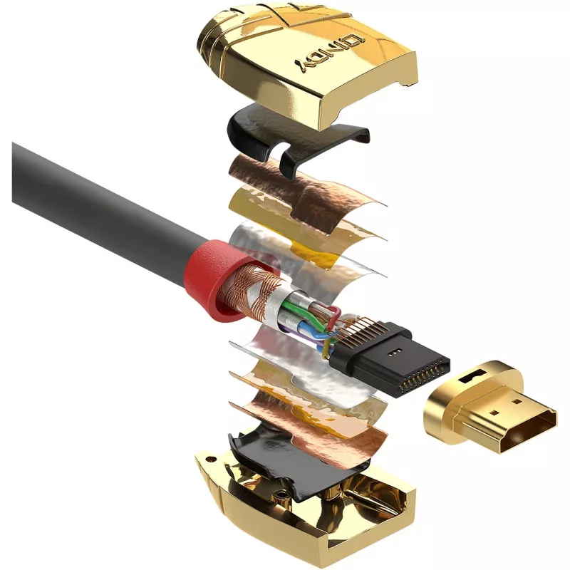 “Lindy 10 m standartinis HDMI laidas, Gold Line”, 10 m, HDMI A tipo (standartinis), HDMI A tipo (standartinis), 4096 x 2160 pikselių, auksinė, pilka