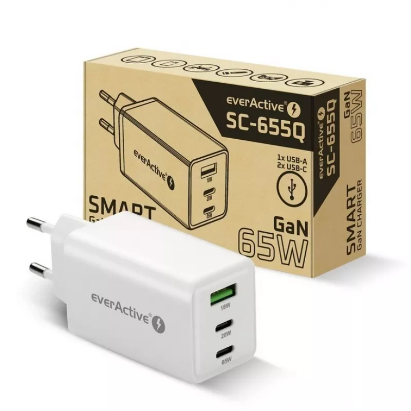 Maitinimo įkroviklis everActive SQ-655Q 65W, 1×USB-A + 2×USB-C greitasis įkrovimas