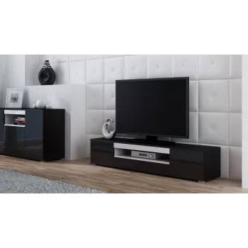 TV staliukas cama meble VIVA 180 — 1800×400×370 mm, juoda viršutinė dalis (medžio drožlių plokštė), juodas rėmas, balti akcentai