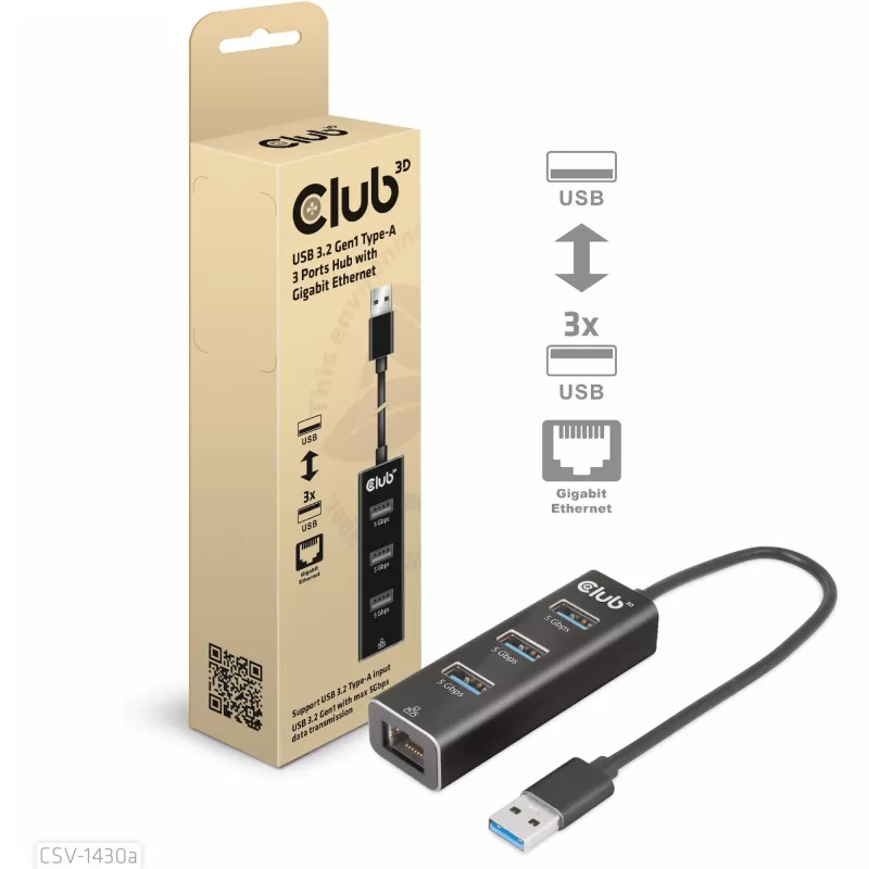 USB šakotuvas CLUB3D USB 3.2 Gen1 Type-A 3 prievadai su Gigabit Ethernet