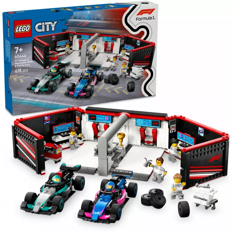 LEGO CITY 60444 F1 garažas su Mercedes-AMG ir Alpine automobiliais