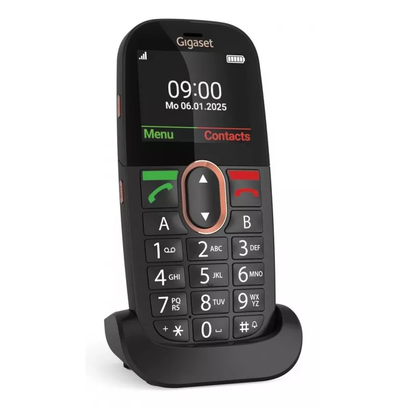 Senjoro mobilusis telefonas Gigaset GL695 — 2,31 colio (5,87 cm) ekranas, 240×320, viena SIM, 4G, 2 MP kamera, 1400 mAh, juoda