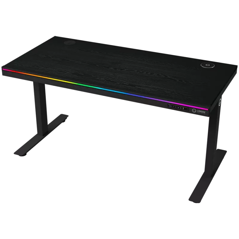 Dviejų variklių reguliuojamo aukščio žaidimų stalas su belaidžiu įkrovikliu, RGB apšvietimu, valdymo skydeliu ir USB prievadais, PB melamino paviršiaus stalviršis, juodas.