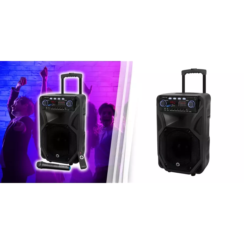 Nešiojamas karaokės garsiakalbis MANTA SPK5021PRO 20W, 12 colių žemų dažnių garsiakalbis, 80W RMS, Bluetooth, baterija iki 5 val., SD/USB, mikrofono ir gitaros įvestys
