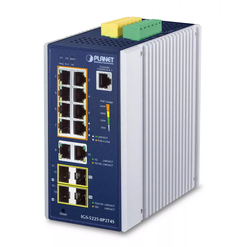 Valdomas komutatorius PLANET IP30 pramoninis L2+/L4 8 prievadų Gigabit Ethernet