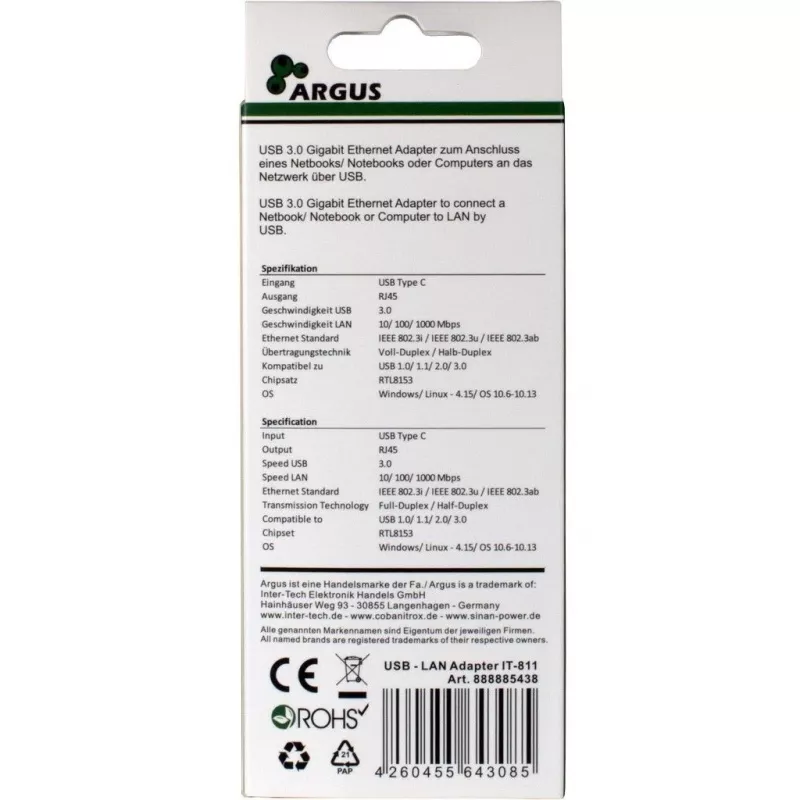 Inter-Tech Argus IT-811 - tinklo adapteris - USB-C - Gigabit Ethernet - juoda (88885438)