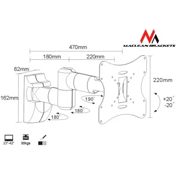 Sieninis laikiklis MACLEAN MC-503A S 23 col.–42 col. ekranams, pakreipimas ±20°, VESA 75×75–200×200, 30 kg, sidabrinis
