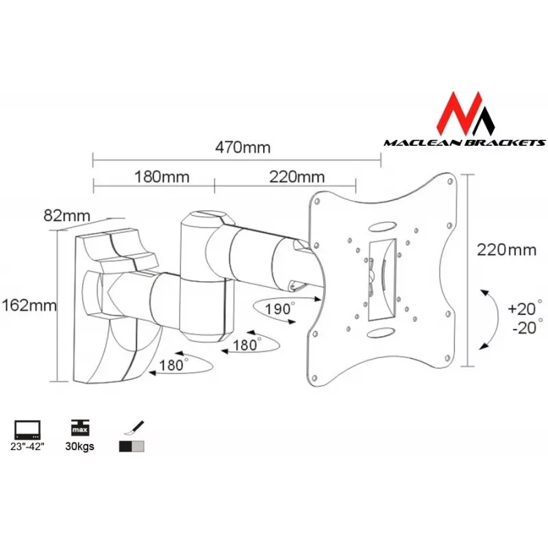 Sieninis laikiklis MACLEAN MC-503A S 23 col.–42 col. ekranams, pakreipimas ±20°, VESA 75×75–200×200, 30 kg, sidabrinis
