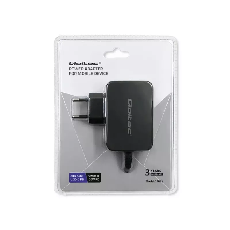 Mobiliojo įrenginio įkroviklis QOLTEC 51024 — Universalus kintamosios srovės patalpų įkroviklis, 65W PD, 20V/3.25A, 1.2 m laidas, juoda