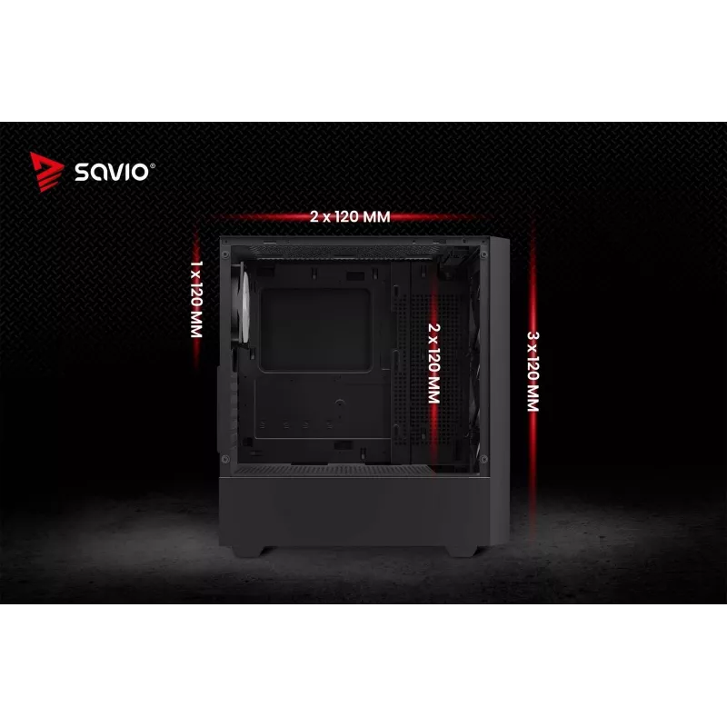 PC korpusas SAVIO Noctis Flow RGB — Cube, ATX/Mini-ITX, 3x 120 mm priekiniai ventiliatoriai, grūdintas stiklas šone, maks. GPU 35 cm