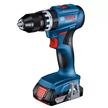 Akumuliatorinis gręžtuvas-suktuvas Bosch GSB 18 V — 18 V, 4 Ah ličio jonų, 45 N·m, 500/1900 aps./min., 35 mm mediena, 10 mm plienas, 2 baterijos, įkroviklis, dėklas