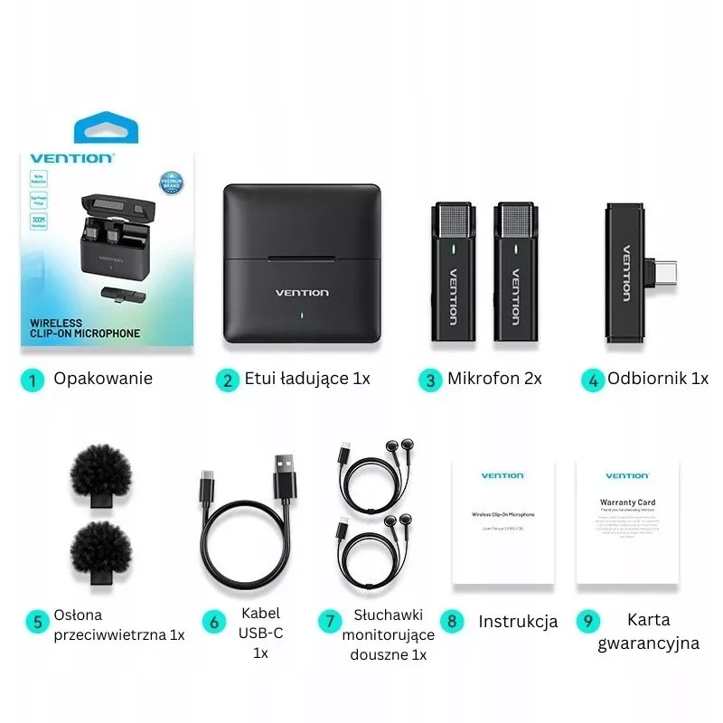 2 vienetų Vention USB-C mikrofonų rinkinys + įkrovimo dėklas