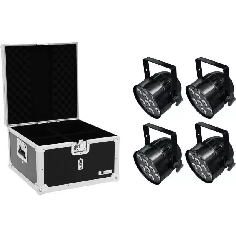 EUROLITE PAR-56 QCL Short 4x LED PAR šviestuvas su EPS dėklu — 4-in-1 QCL šviesos diodai, PAR-56 formos korpusas, kompaktiškas trumpas korpusas