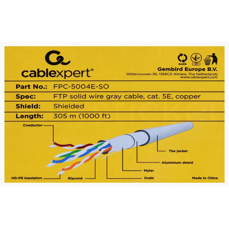 Gembird 305m Cat5e FTP tinklo kabelis pilkas F/UTP (FTP)