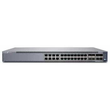 Juniper EX4100 24 prievadų 10/100/1000BaseT PoE+, 4x 10G SFP+ aukštyninio ryšio prievadai, 4x 25G SFP28 krūvavimo/aukštyninio ryšio prievadai, pertekliniai ventiliatoriai, 1 kintamos srovės maitinimo blokas JPSU-920-AC-AFO įtrauktas (optika parduodama atskirai) su standartine programine įranga. TAA atitinkantis. (EX4100-24P)