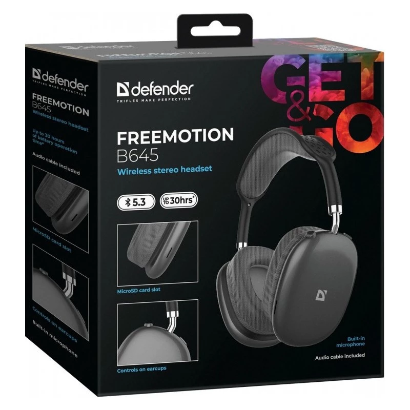 Belaidės ausinės DEFENDER EEMOTION B645 — binauralinės, galvos lankelis, USB-C, AUX, uždaros, apgaubiančios, 20–20000 Hz, 105 dB