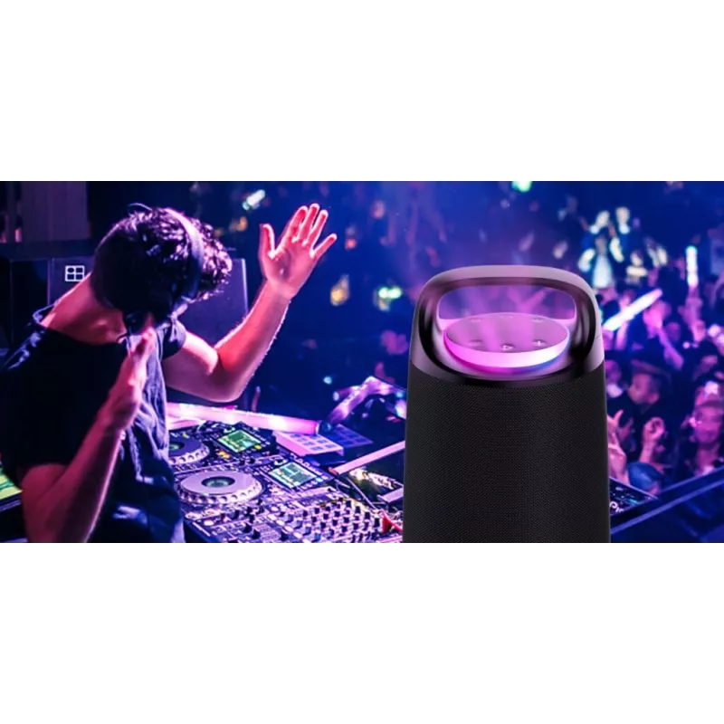 Nešiojamas garsiakalbis MANTA SPK330B Otus — Bluetooth, Karaoke, TWS, SUPERBASS, MIC, USB-C (19×19×33,2 cm)