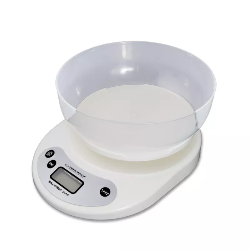 Elektroninė virtuvinė svarstyklė ESPERANZA EKS007 — 5 kg talpa, 1 g tikslumas, balta
