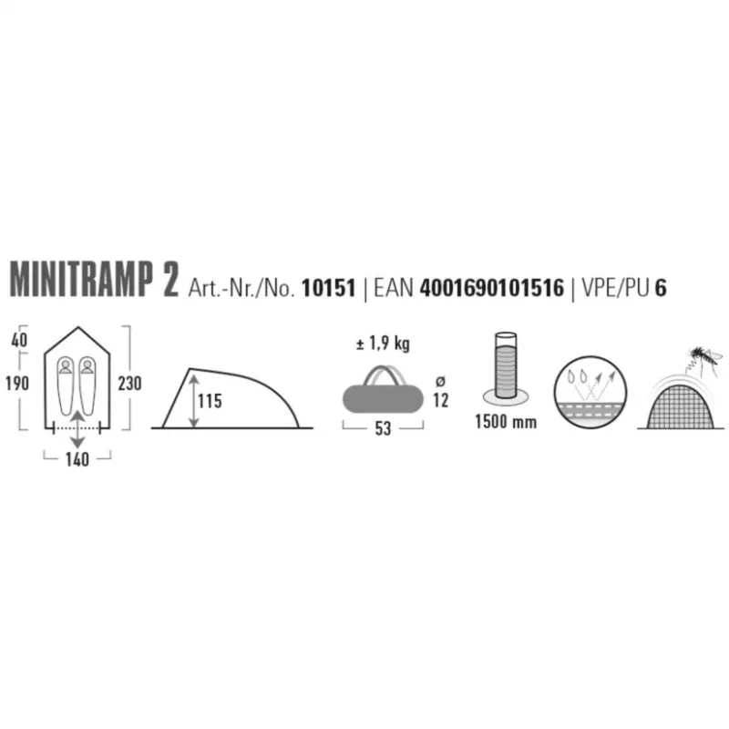 Palapinė High Peak Minitramp 2 lengva juoda/raudona — kompaktiška 2 asmenų stovyklavimo palapinė