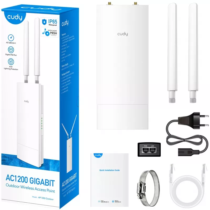 Prieigos taškas Cudy AP1300 Outdoor — dviejų juostų 2,4/5 GHz, 300/867 Mbps, IP65, PoE, 2 išorinės RP‑SMA antenos