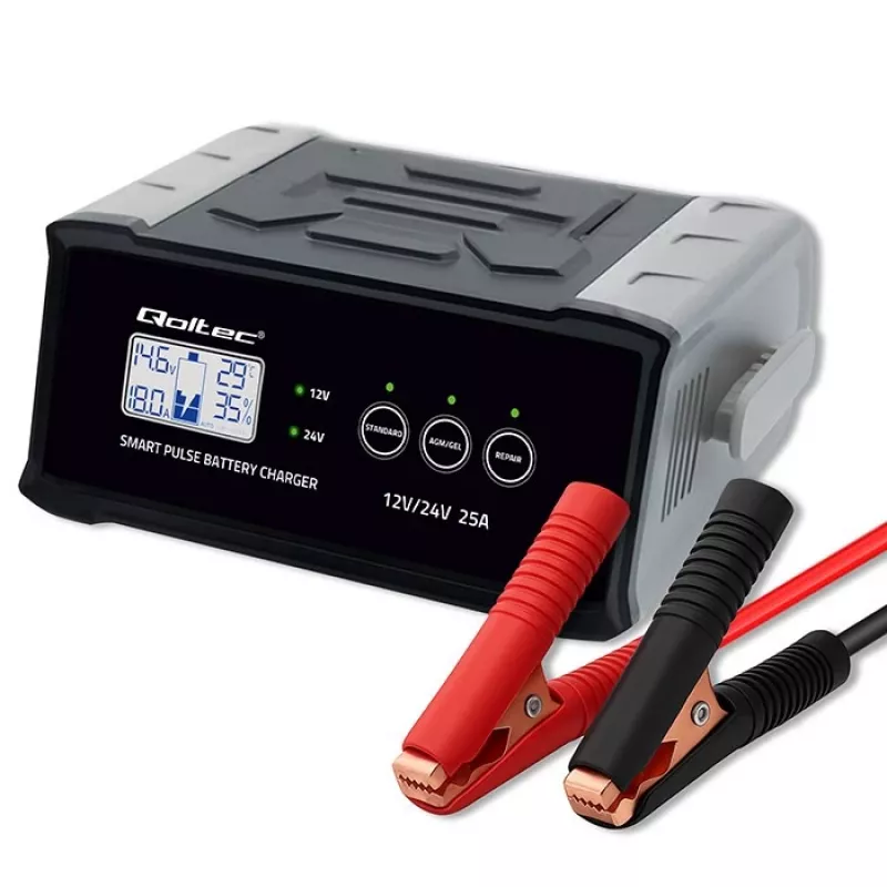 Baterijų įkroviklis QOLTEC 52514 — 12V/24V, 25A, AGM/GEL/SLA baterijoms su LCD ekranu