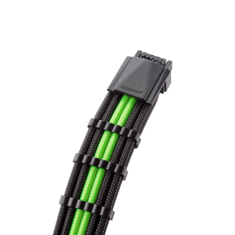 CableMod 12VHPWR į 3× PCIe ModMesh laidas 45 cm, juoda/šviesiai žalia