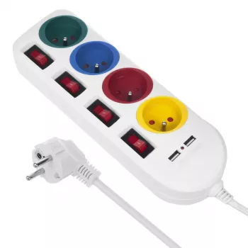Maitinimo lizdas MACLEAN MCE229W — 4 lizdai, 2× USB, 1.5 m laidas, F tipas, 10 A, balta