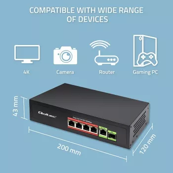 Ethernet PoE komutatorius QOLTEC 52296 — 4x RJ45 PoE prievadai, 1x RJ45 aukštyninė jungtis