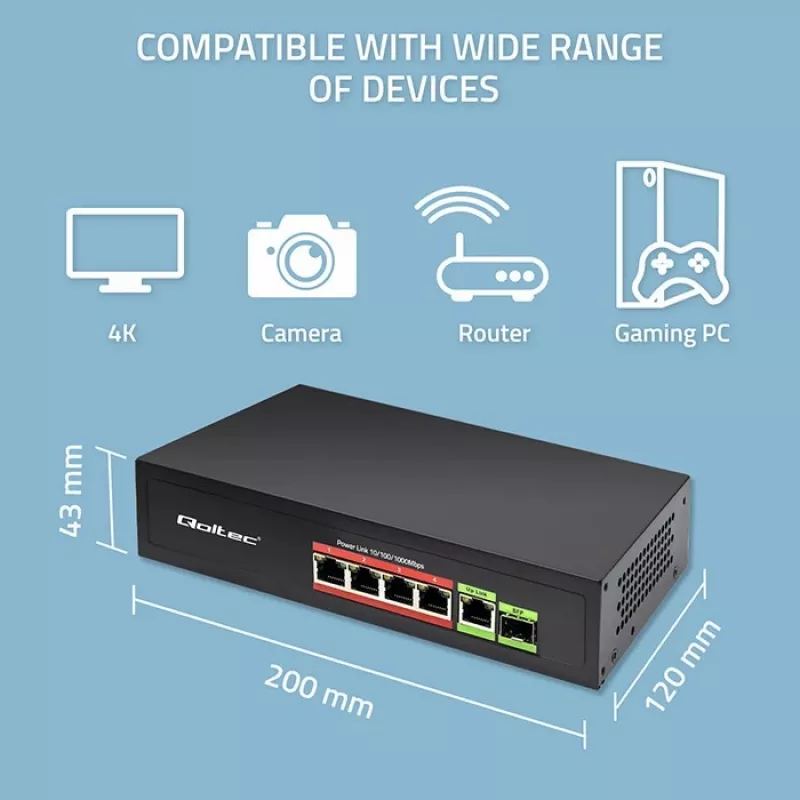 Ethernet PoE komutatorius QOLTEC 52296 — 4x RJ45 PoE prievadai, 1x RJ45 aukštyninė jungtis
