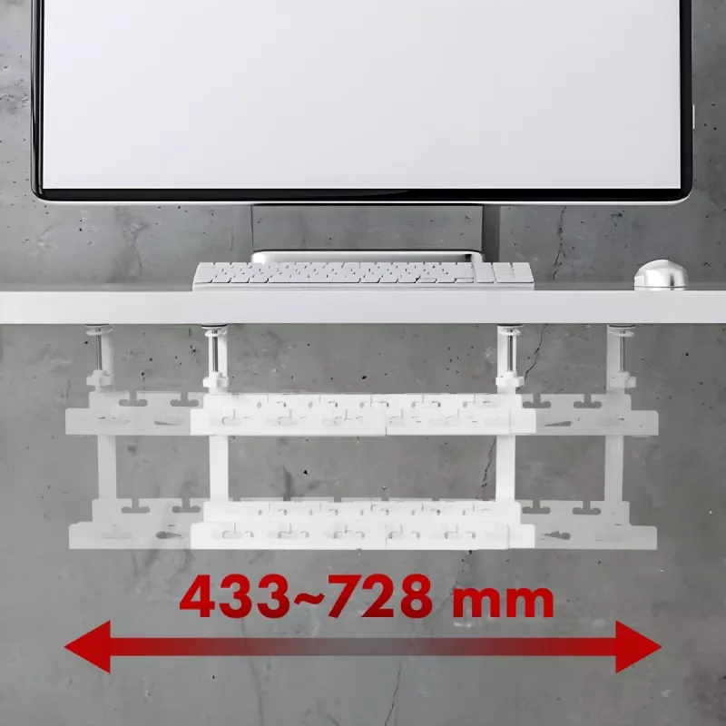 Po stalu montuojamas kabelių tvarkyklė MACLEAN MC-102W — plieninis tvirtinimas po stalu, reguliuojamas ilgis, tinka 0,5–5 cm storio stalams, apkrova 5 kg, balta