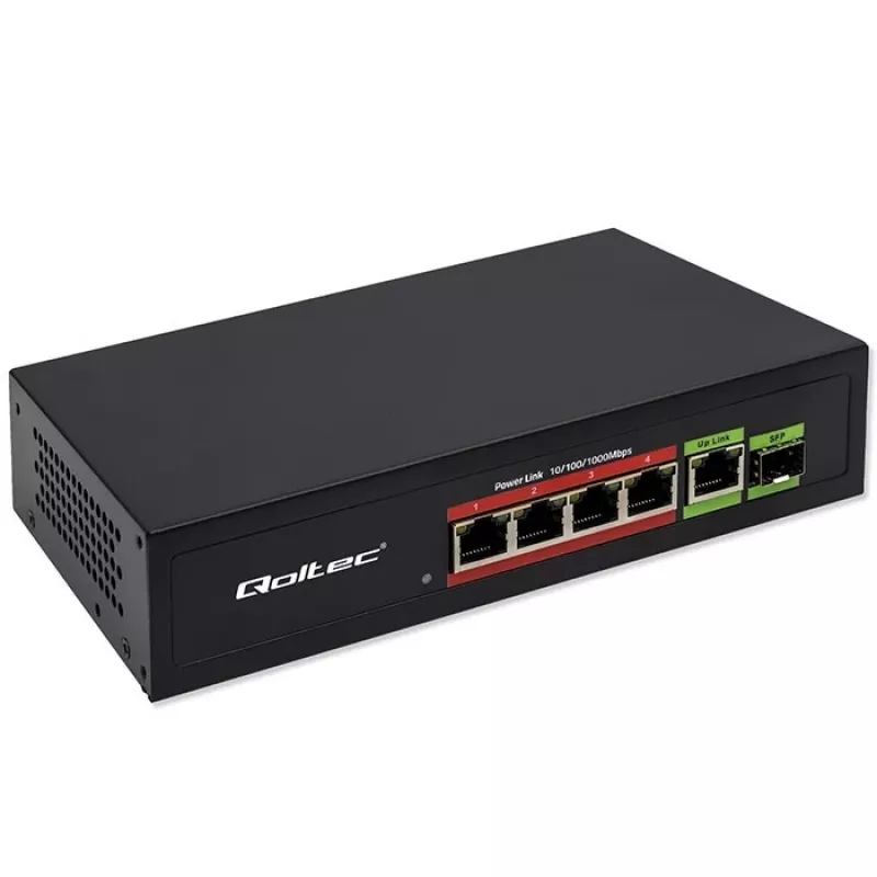 Ethernet PoE komutatorius QOLTEC 52296 — 4x RJ45 PoE prievadai, 1x RJ45 aukštyninė jungtis