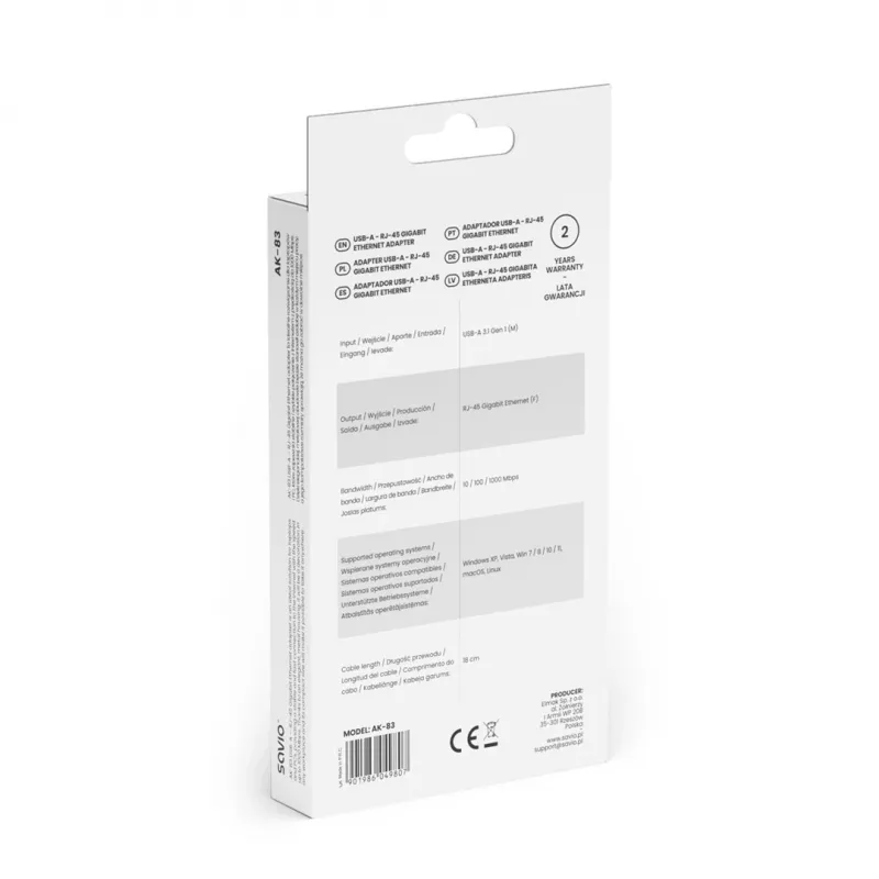 Tinklo sąsajos adapteris SAVIO AK-83 USB Type-A į RJ-45, 5 Gbit/s, juodas