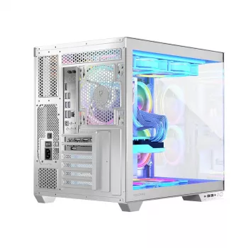 PC korpusas MODECOM Volcano Panorama Midi Tower baltas — micro ATX, grūdintas stiklas, ARGB, USB-C, palaiko GPU iki 400 mm