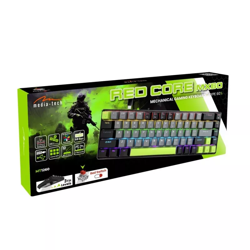 Mechaninė klaviatūra MEDIA-TECH MT1260 Red Core MX60, 60 % formos koeficientas, CHERRY MX Red jungikliai, RGB apšvietimas, USB, žalia