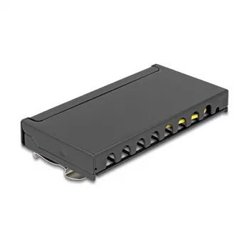 Patch panel DELOCK Mini Desktop RJ45 8 prievadų Cat.6A ekranuotas juodas stalui, sienai ar DIN bėgiui