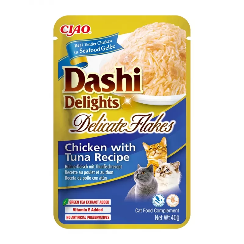 Drėgnas kačių skanėstas INABA Dashi Delights Delicate Flakes vištiena su tunu 40 g maišelis