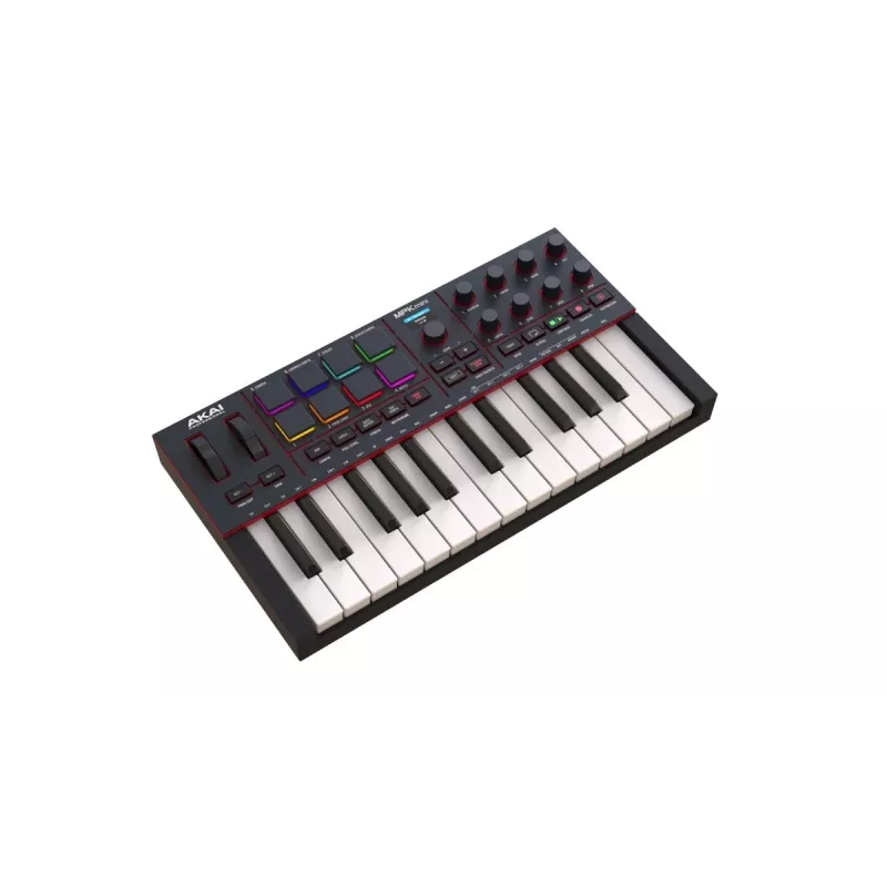 MIDI klaviatūra AKAI MPK MINI 4 juoda — 25 klavišai, 8 padeliai, 8 enkoderiniai rankenėlės, arpeggiatorius, USB-C, MIDI išvestis