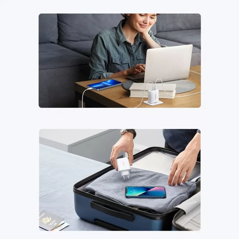Sieninis įkroviklis UGREEN CD275 2× USB Type-C 65W Baltas — dvigubas USB-C 65W greitas įkrovimas, 100–240V įvestis